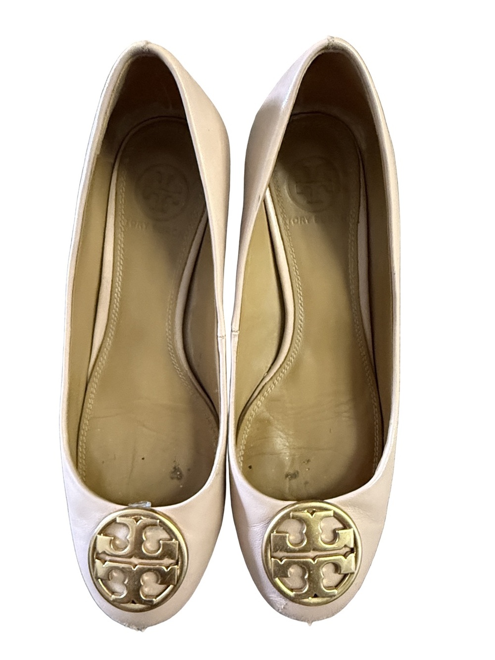 Tory Burch Blush Pink Leather Logo Ballet Wedges